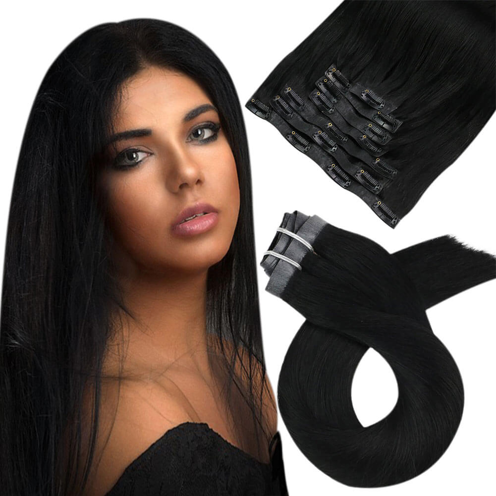 Remy PU Seamless Clip Ins Jet Black Silky Brazilian Human Hair Extensions (#1)