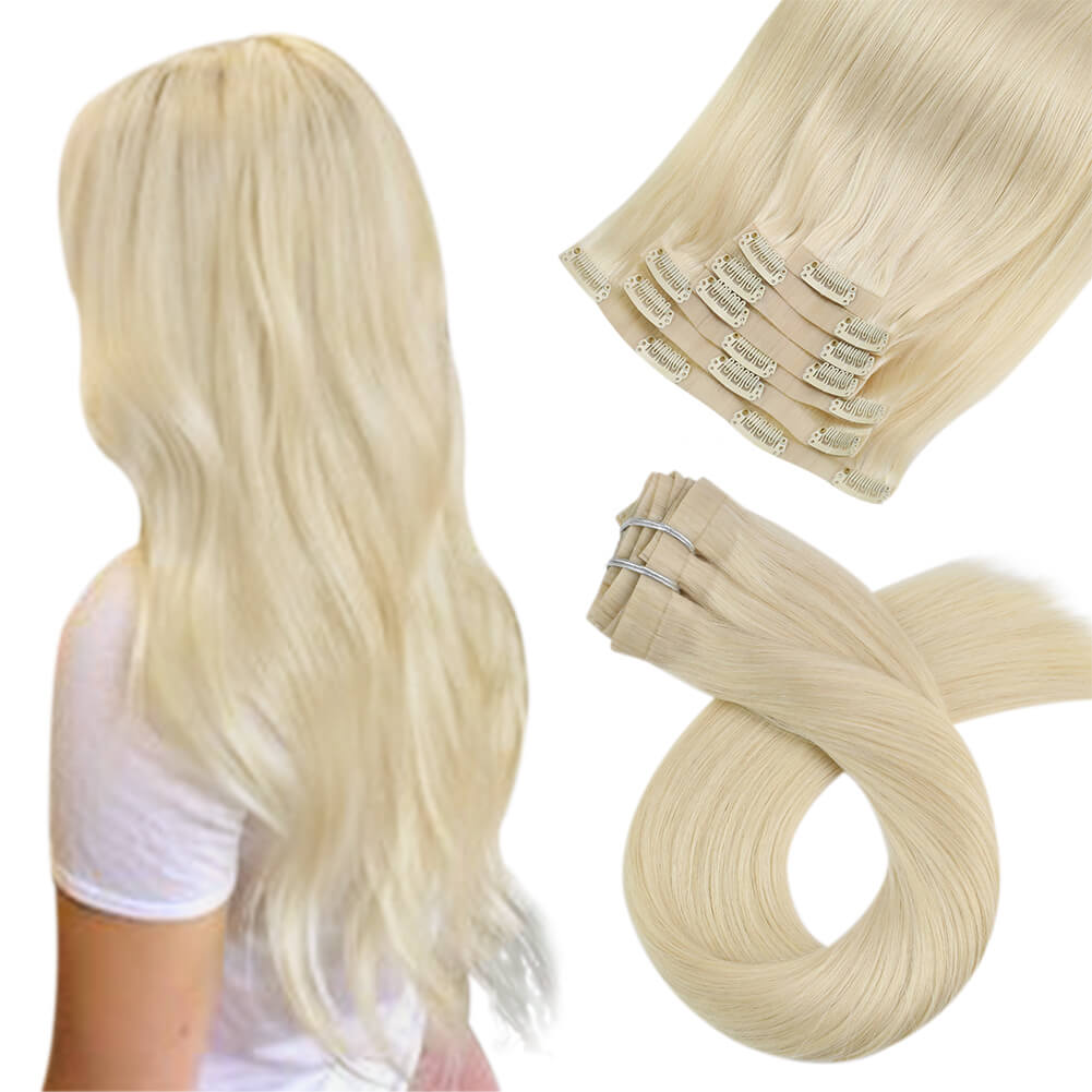 PU Clip In Hair Platinum Blonde Silky Straight Remy Human Hair Extension (#60)