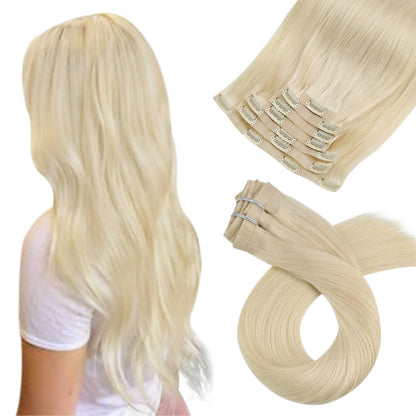 PU Clip In Hair Platinum Blonde Silky Straight Remy Human Hair Extension (#60)