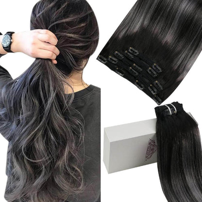 Remy Clip In Hair Extensions Double Weft Balayage Black (#1B/Silver/1B)
