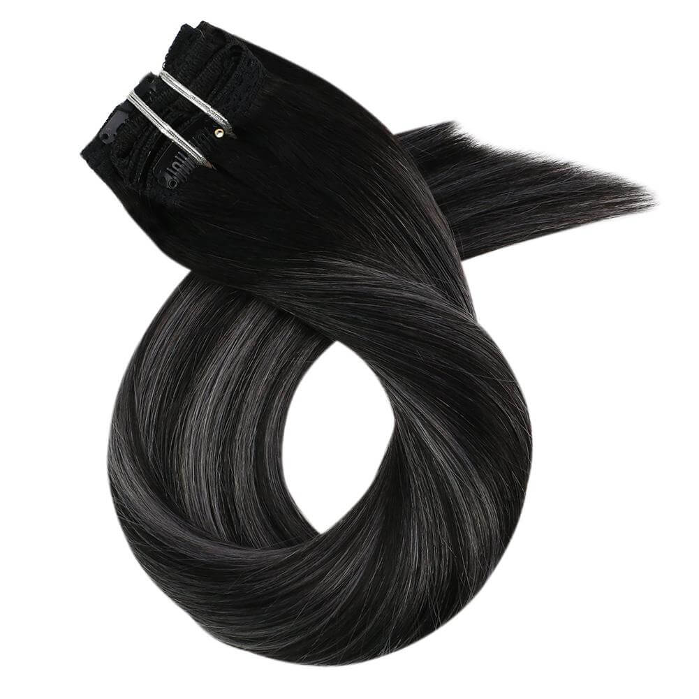Remy Clip In Hair Extensions Double Weft Balayage Black (#1B/Silver/1B)