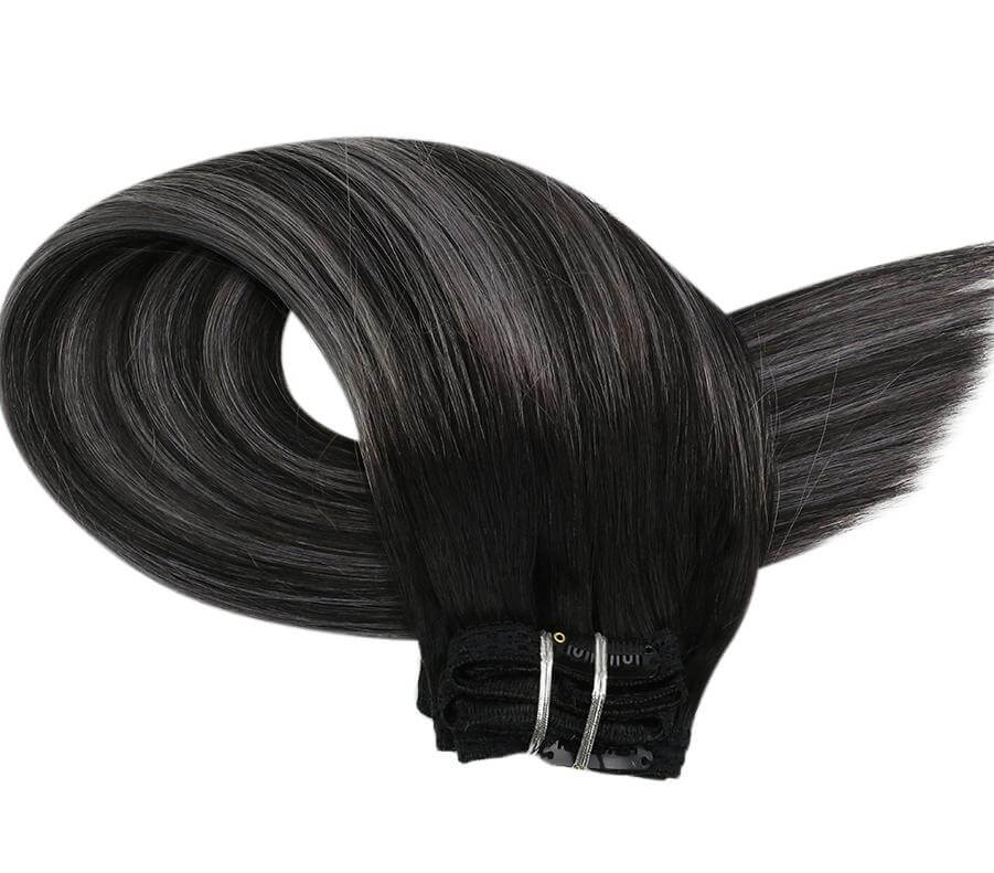 Remy Clip In Hair Extensions Double Weft Balayage Black (#1B/Silver/1B)