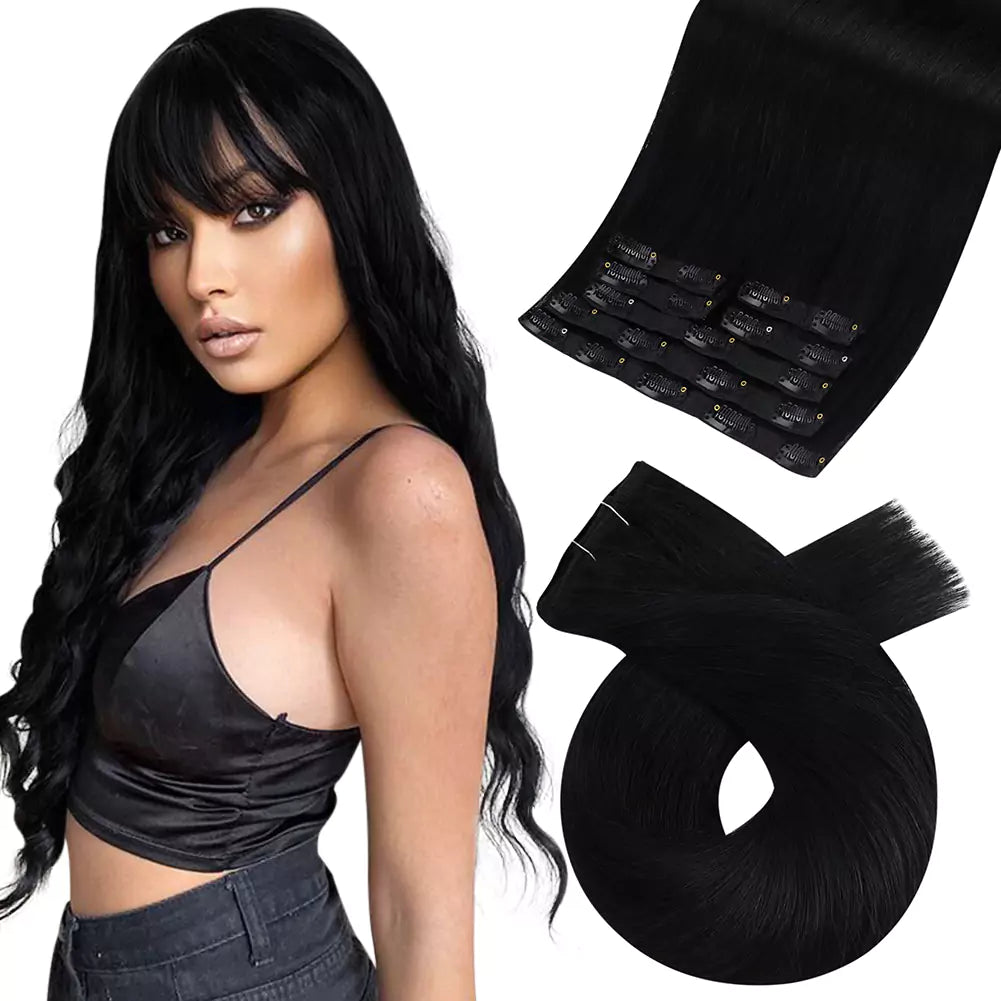 High Quality Clip In Virgin Human Hair Extension Jet Black #1