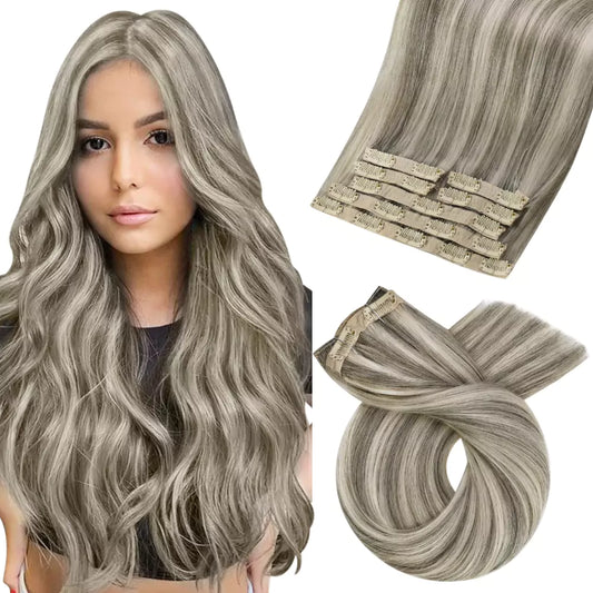 Straight Clip in 100% Virgin Human Hair Extensions Highlight Color #1CC/80/60