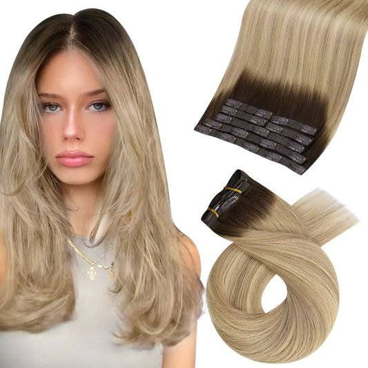Virgin Full Head Clip in Hair Extensions Balayage Color #2/18/22