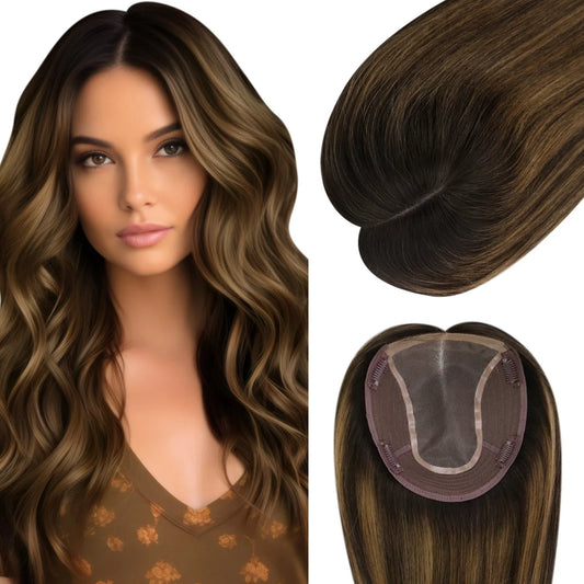 Women Hair Topper 6*7inch Large Base Hair Pieces Balayage Brown #2/8/2