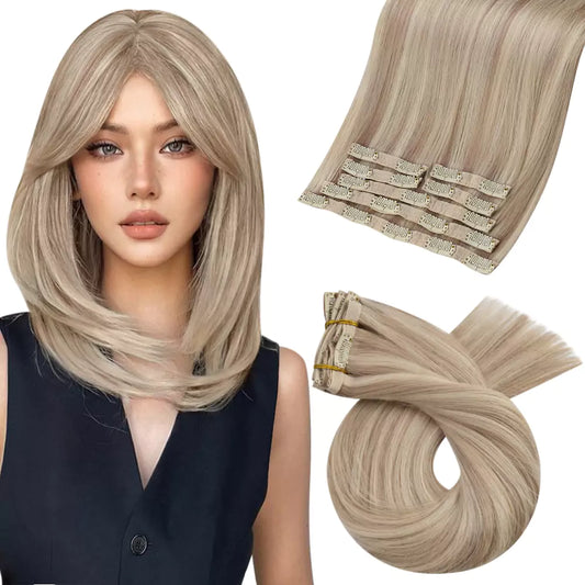 Virgin Clip in Real Human Hair Hair Extensions Highlight Blonde Color #P18/613