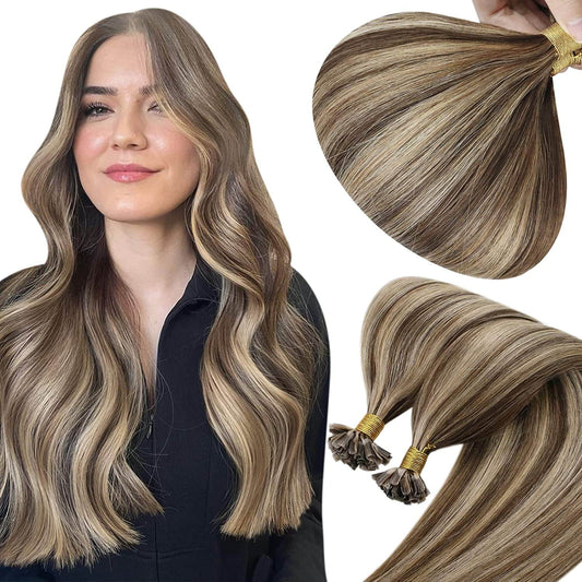 U Tip Real Human Remy Hair Extensions Nail Tip Highlight Color(#P4/27)